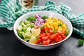 Salad with avocado, tomatoes, red onions and sweet corn in bowl.Salad with avocado, tomatoes, red onions and sweet corn in bowl. Royalty Free Stock Photo