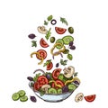 Salad background. Hand drawn healthy food ingredients. Mushrooms cucumbers, tomatoes olives and lettuce leaves. Vector Royalty Free Stock Photo