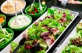 Salad bar buffet at restaurant. Fresh salad bar buffet for lunch or dinner. Healthy food. Fresh green and purple lettuce in white Royalty Free Stock Photo