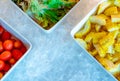 Salad bar buffet at restaurant. Fresh salad bar buffet for lunch at event in hotel. Healthy food. Fresh tomatoes, lettuce, corn in Royalty Free Stock Photo