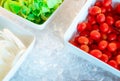 Salad bar buffet at restaurant. Fresh salad bar buffet for lunch at event in hotel. Healthy food. Fresh tomatoes, lettuce, onions Royalty Free Stock Photo