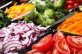 Salad bar with different fresh ingredients as background Royalty Free Stock Photo