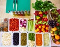 Salad Bar Fresh Vegetables sliced Top view Tomato Carrot Celery Cucumber Cherry tomato Sweet pepper. Royalty Free Stock Photo