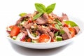 Salad with beef, tomatoes, cucumbers and basil. AI Generated