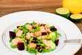 Salad with Beets, Salmon, Cucumber, Arugula, Lemon Zest, Orange,