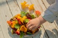 Salad of boiled beets, nasturtium and walnuts. Nice vegetarian dish. Close up. Blur and selective focus