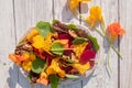 Salad of boiled beets, nasturtium and walnuts on a white wooden background. Nice vegetarian dish. Close up. Blur and