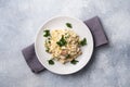 Salad of boiled rice, red fish pink salmon eggs and greens on a plate. Copy space Royalty Free Stock Photo