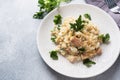 Salad of boiled rice, red fish pink salmon eggs and greens on a plate. Copy space Royalty Free Stock Photo