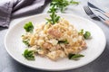 Salad of boiled rice, red fish pink salmon eggs and greens on a plate. Royalty Free Stock Photo