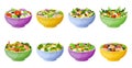 Salad bowl. Healthy lunch with mix of vegetables. Cutting green lettuce leaves and eggs, fish or meat in bright plates