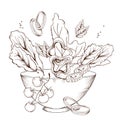 Salad bowl with mix of vegetables and lettuce leaves, engraving style vector illustration isolated.