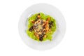 Salad with with bread crumbs and prunes white isolated