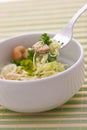 Salad with cabbage leaves and mushrooms in white bowl. close up