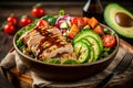 Salad with chicken, avocado and tomatoes. Generative AI