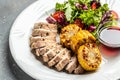 Salad with chicken fillet, fresh vegetable grilled corn and sauce, Healthy food, keto diet, diet lunch concept. Top view Royalty Free Stock Photo