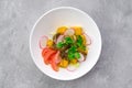 Salad with chicken liver, radish, pumpkin, tomato and mustard