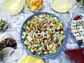 Salad with chicken meat in big plate