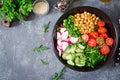 Salad of chickpeas, tomatoes, cucumbers, radish and greens. Royalty Free Stock Photo