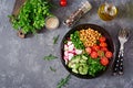 Salad of chickpeas, tomatoes, cucumbers, radish and greens. Royalty Free Stock Photo