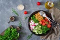 Salad of chickpeas, tomatoes, cucumbers, radish and greens. Royalty Free Stock Photo