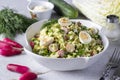 Salad with Chinese cabbage, cucumber, radish, green onions and quail eggs in a white plate on a gray background. Close Royalty Free Stock Photo