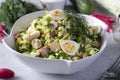 Salad with Chinese cabbage, cucumber, radish, green onions and quail eggs in a white plate on a gray background. Royalty Free Stock Photo