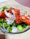 Salad closeup. Fresh cherry tomatoes with red onion, cucumber, leek, lettuce, sweet corn and spices. Symbolic image. Concept for a Royalty Free Stock Photo