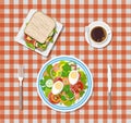 Salad, coffee, sandwich. plates, fork, knife