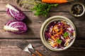 Salad Cole Slaw. Autumn Cabbage salad in a bowl on a rustic wooden table. Royalty Free Stock Photo