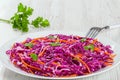 Salad coleslaw - red cabbage with carrots on white dish Royalty Free Stock Photo