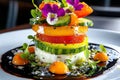 Salad Colorful, Plated, and Layered shown in a meticulously plated salad where layers of colorful ingredients create a visually