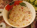 Salad of crab sticks, corn, rice and mayonnaise