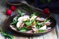 Salad with dandelion, egg and radish on a wooden background. Rustic style Royalty Free Stock Photo