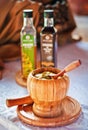 Salad dressing on wooden container Royalty Free Stock Photo