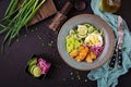 Salad from eggs, fried fish and fresh vegetables. Royalty Free Stock Photo