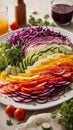 Salad featuring a spectrum of colorful vegetables sliced into thin, artistic layers, creating a beautiful and nutritious rainbow.