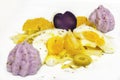 Salad with fennel, boiled eggs, purple potato, orange and sliced olives. Royalty Free Stock Photo