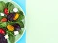 Salad with feta cheese on a blue and green background