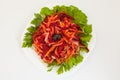 Salad of fresh beets and carrots in white plate. From above Royalty Free Stock Photo