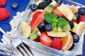 Salad with fresh fruits and berries in a transparent bowl Royalty Free Stock Photo