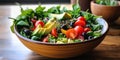 Salad: Fresh greens mixed with vegetables, fruits, proteins, and dressings