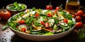 Salad: Fresh greens mixed with vegetables, fruits, proteins, and dressings