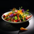 Salad of fresh natural summer vegetables, tomatoes, cucumbers, peppers and lettuce leaves on a plate on a dark background Royalty Free Stock Photo