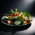 Salad of fresh natural summer vegetables, tomatoes, cucumbers, peppers and lettuce leaves on a plate on a dark background Royalty Free Stock Photo