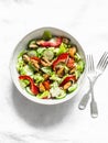 Salad with fresh vegetables and canned mussels on a light background, top view. Delicious healthy diet food Royalty Free Stock Photo