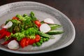 Salad with fresh vegetables on plate closeup. salad with tomatoes peas cucumber radishes