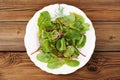 Salad of fress chard with dill in white plate oiled