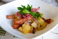 Salad of fried ham and boiled potatoes with pickles Royalty Free Stock Photo