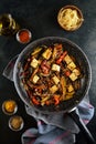 Salad with Fried Tofu, Cooked Broccoli, Peppers, and Sprouts Royalty Free Stock Photo